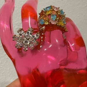 CZ Flower and Multi-Color Crystal Cluster Cocktail Ring Duo